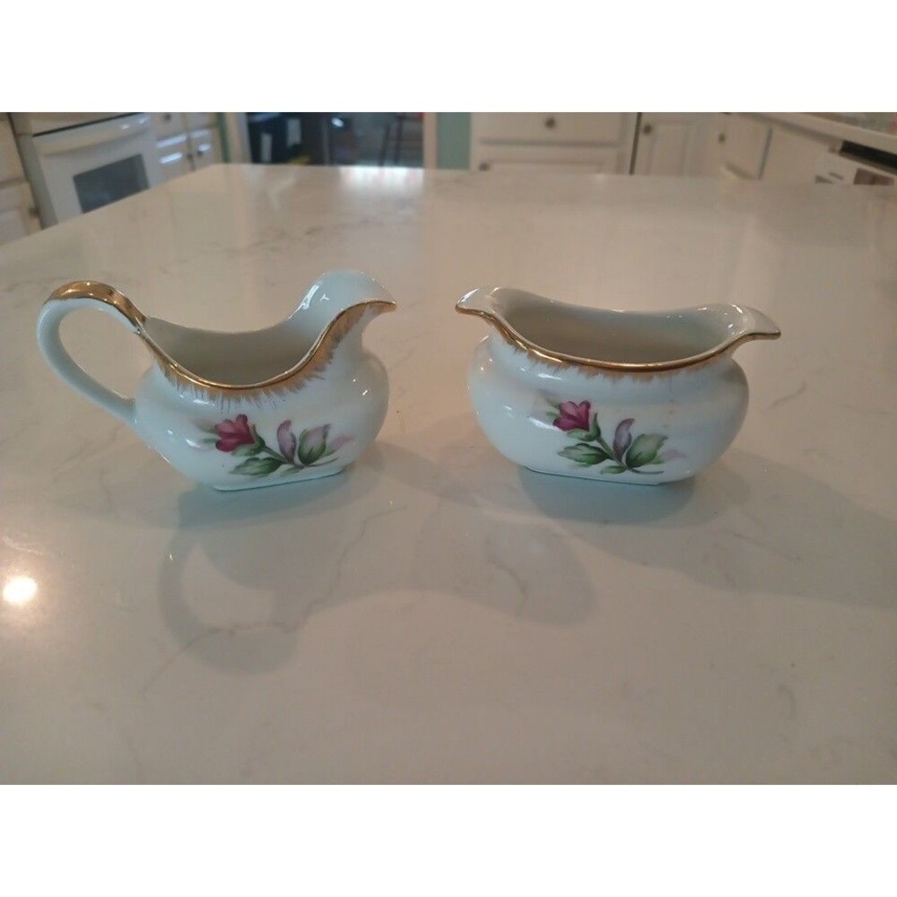 Vintage Lefton China Sugar Bowl & Creamer Hand Painted Gold Trim Tea Rose